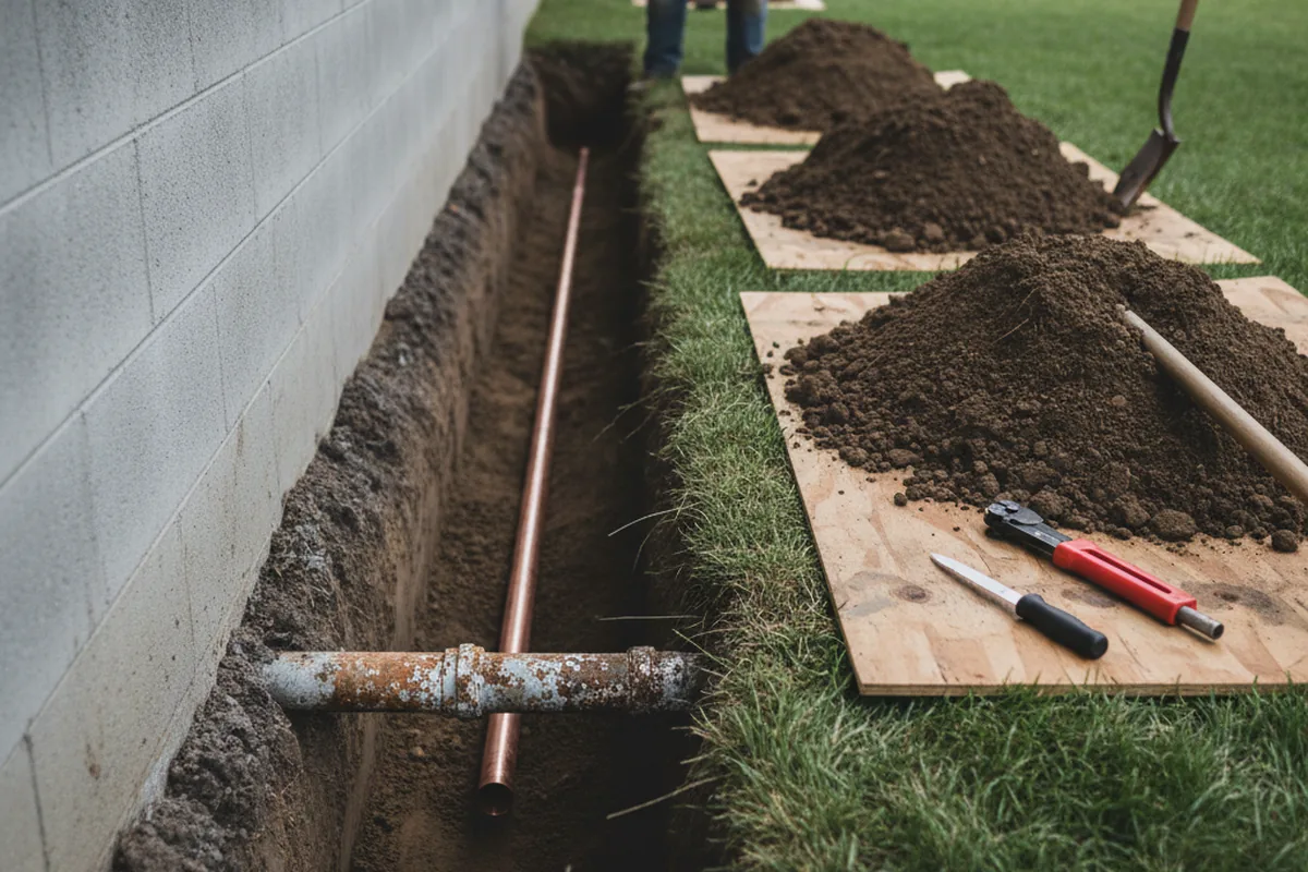 Excavated water line trench during Water Heater Repair in Frankton